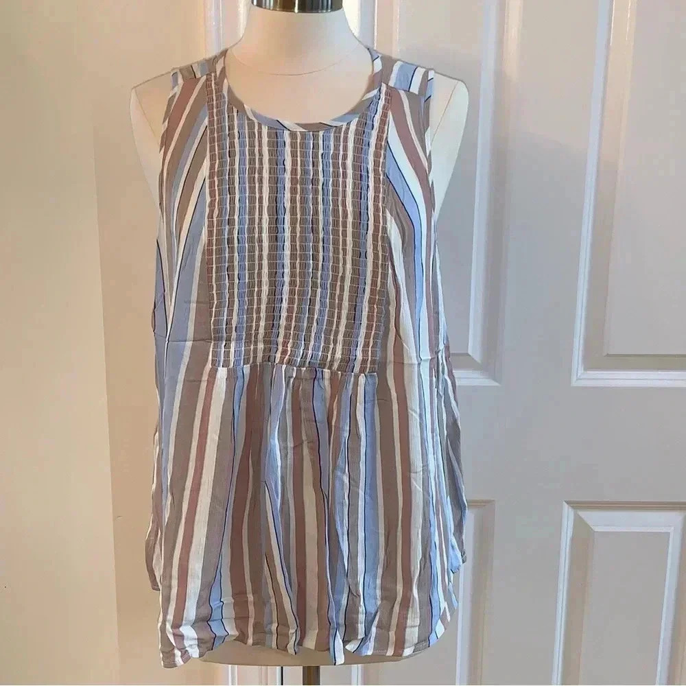 TORRID 00 Crinkle Gauze Smocked Tank Blue Taupe Striped (Fits Like US 10/12 M) - Picture 2 of 9